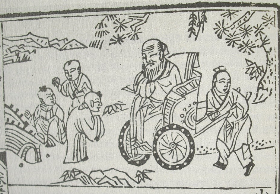 Dialoog tussen Confucius en een kind, terwijl hij in een rolstoel zit.